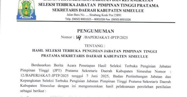 Seleksi Sekda Simeulue Mengerucut, Tiga Nama Lolos Tahap Akhir dari Lima Kandidat