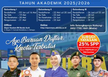 Akper Kesdam IM Banda Aceh resmi membuka Penerimaan Mahasiswa Baru (PMB) Tahun Akademik 2025/2026 dengan tiga gelombang seleksi dan kuota terbatas. Pendaftaran dibuka sejak Januari hingga akhir Juli 2025.