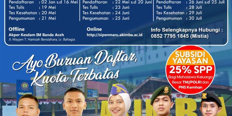 Akper Kesdam IM Banda Aceh resmi membuka Penerimaan Mahasiswa Baru (PMB) Tahun Akademik 2025/2026 dengan tiga gelombang seleksi dan kuota terbatas. Pendaftaran dibuka sejak Januari hingga akhir Juli 2025.