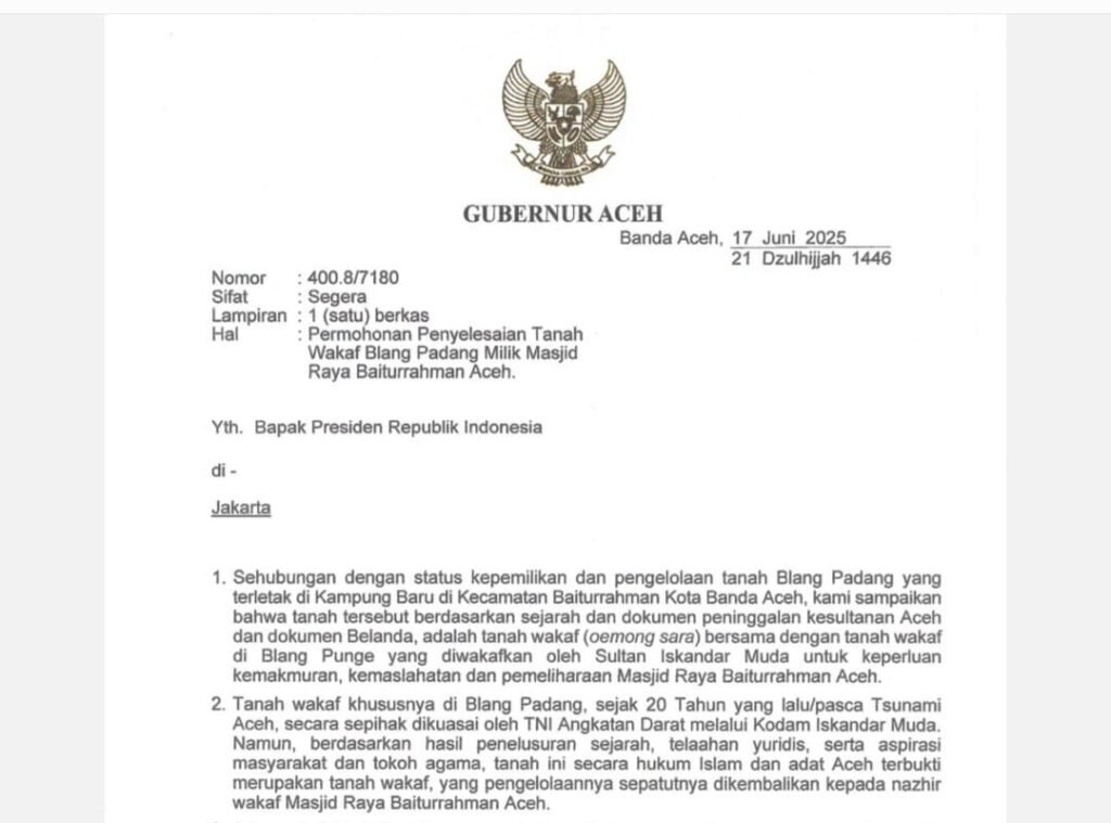 Muallem Surati Presiden Prabowo, Minta Tanah Blang Padang Dikembalikan ke Masjid Raya Baiturrahman