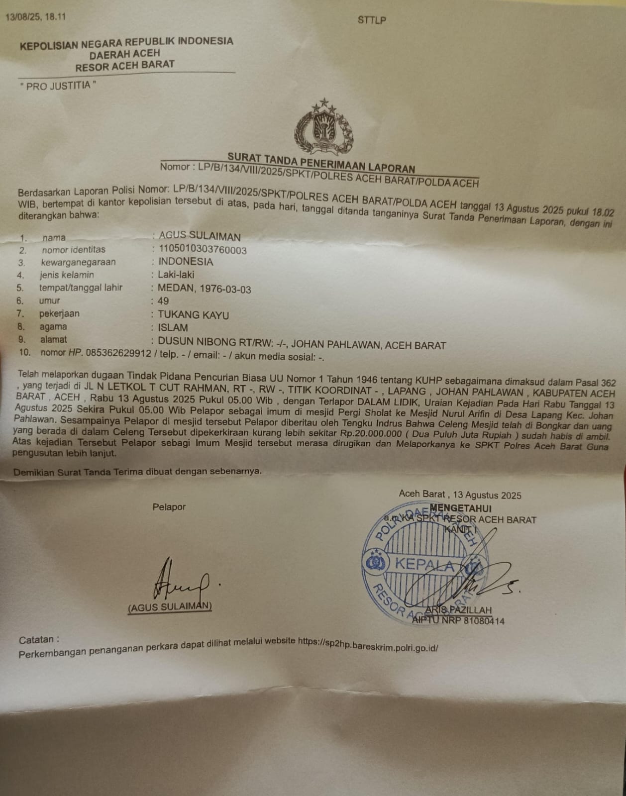 IMG-20250814-WA0055 Uang 20 Juta Raib, Maling Bongkar Kota Amal Masjid Terekam CCTV Masjid