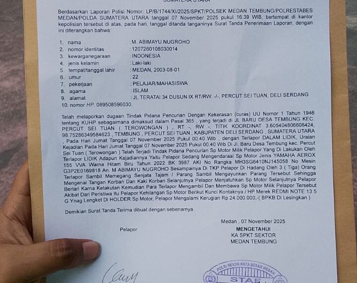 Ojol Jadi Korban Begal, Motor dan HP Raib, Korban Alami Luka Akibat Tebasan Parang