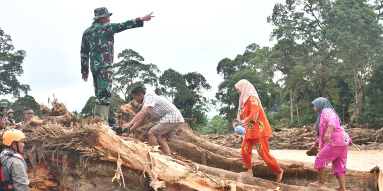 Kodam I/BB Bersama BNPB dan Relawan Bangun Jembatan Darurat untuk Warga Terisolir Banjir di Batang Toru