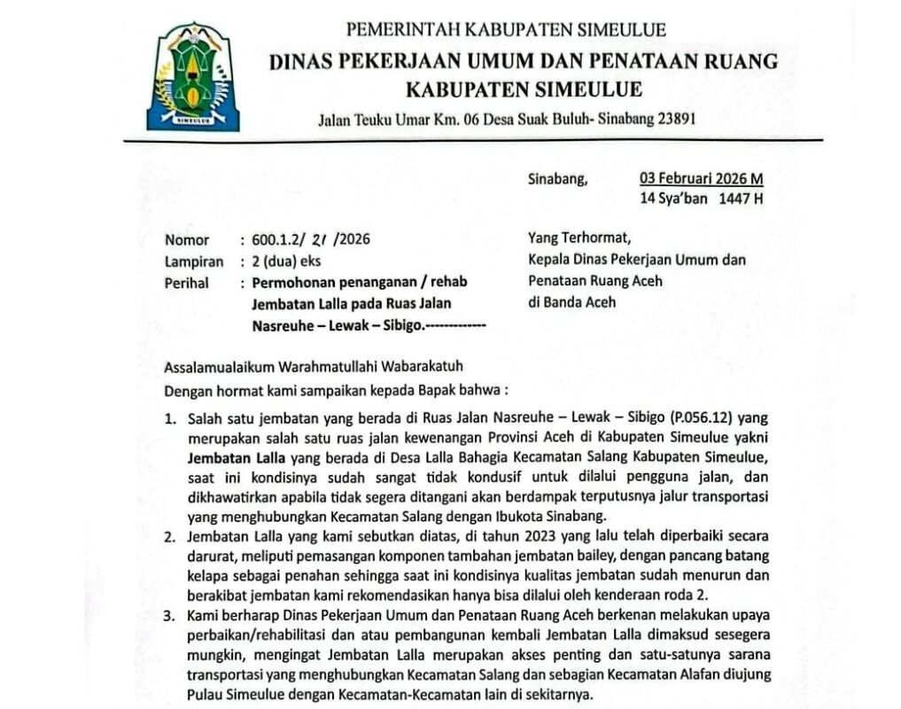 Kondisi Jembatan Penghubung Salang–Alafan Kian Memprihatinkan, PUPR Aceh Diminta Segera Tangani