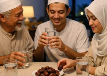 Ilustrasi Sebuah keluarga sedang menikmati sahur sederhana dengan kurma dan air putih. (Ilustrasi buatan AI).