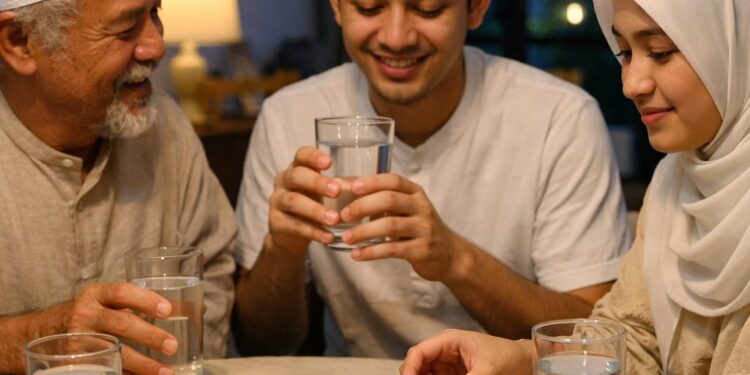 Ilustrasi Sebuah keluarga sedang menikmati sahur sederhana dengan kurma dan air putih. (Ilustrasi buatan AI).