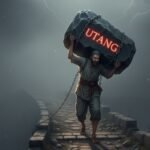 Ilustrasi utang sebagai batu besar yang harus dipikul seseorang dengan penuh susah payah. (Foto. Ilustrasi dibuat menggunakan ChatGPT)