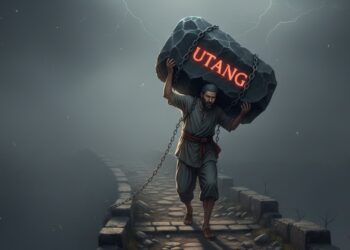 Ilustrasi utang sebagai batu besar yang harus dipikul seseorang dengan penuh susah payah. (Foto. Ilustrasi dibuat menggunakan ChatGPT)