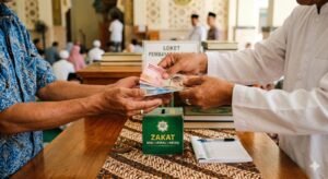 Ilustrasi seseorang memberikan zakat fitrah. (Foto : ilustrasi dibuat menggunakan ChatGPT)