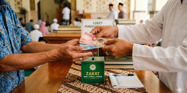 Ilustrasi seseorang memberikan zakat fitrah. (Foto : ilustrasi dibuat menggunakan ChatGPT)