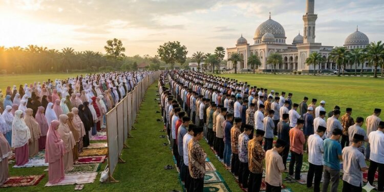 Ilustrasi sholat Id. (Foto : ilustrasi dibuat menggunakan Gemini)