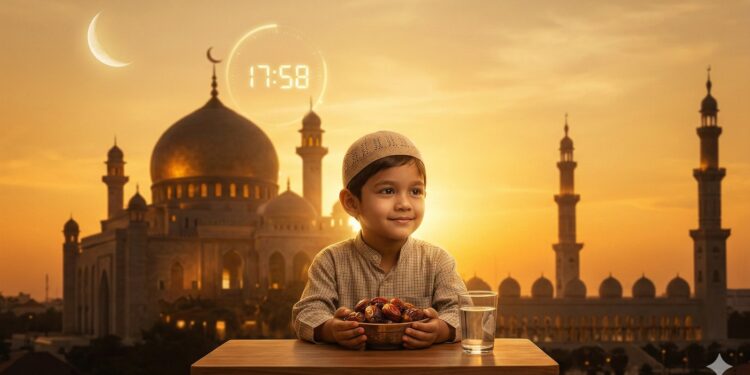 Ilustrasi menunggu momen berbuka puasa (Foto: ilustrasi dibuat menggunakan Gemini AI)