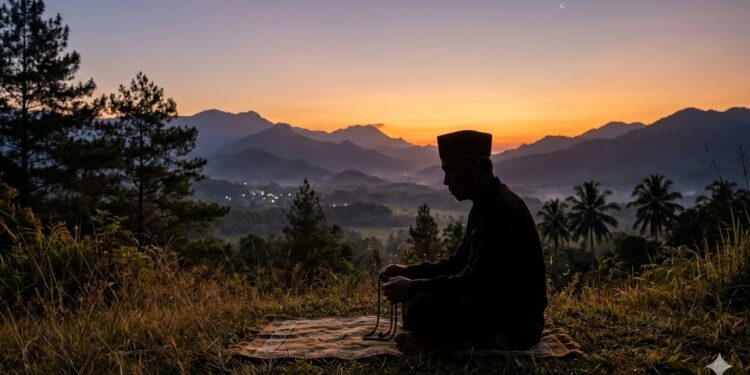 Siluet sosok yang sedang berzikir di tengah keheningan alam. (Foto: ilustrasi ini dibuat oleh Gemini)