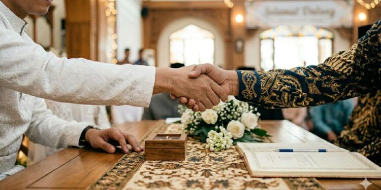 Ilustrasi akad nikah. (Foto : ilustrasi dibuat menggunakan Gemini)
