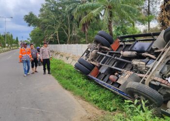 Hindari Tabrakan, Truk Colt Diesel Terbalik ke Parit di Simpang Pelabuhan Muara Satu