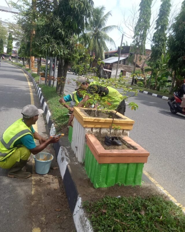 Rawat Fasilitas Umum, DLH Aceh Barat Cat Ulang Pot Tanaman