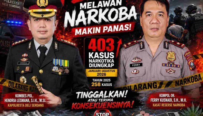 Perang Melawan Narkoba Makin Panas, 403 Kasus Diungkap Polresta Deli Serdang Januari–Agustus 2026