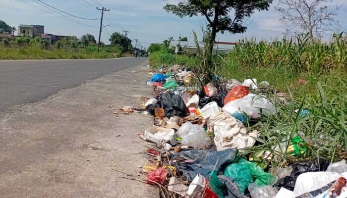 Sampah Menumpuk dan Berserakan di Bahu Jalan Menuju Desa Amplas