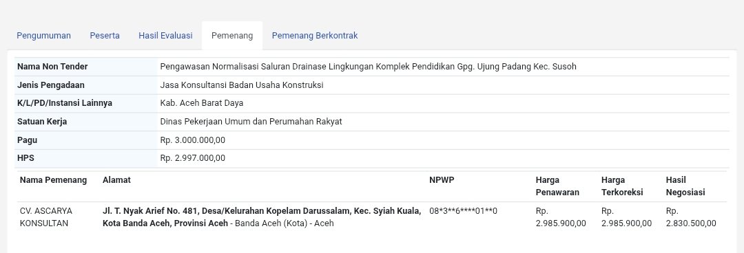 Salah satu paket pengadaan pemerintah Abdya oleh CV Ascarya Konsultan. (Foto: Hasil tangkap layar di situs LPSE Abdya)